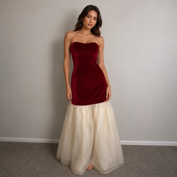 Commense | Dresses | Commense Red Velvet Strapless Mermaid Gown ...
